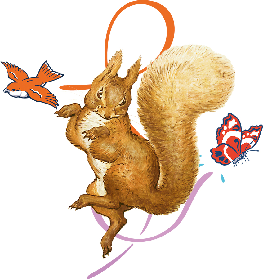 An image of Squirrel Nutkin with some extra decorative elements